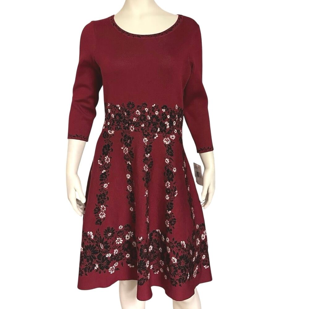 NWT Taylor L Ruby Red Black Floral Fit Flare Sweater Dress Long Sleeve Knit